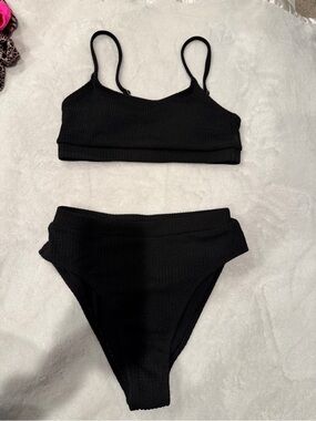 Black Ribbed High-Waist Bikini Set - Women Swim